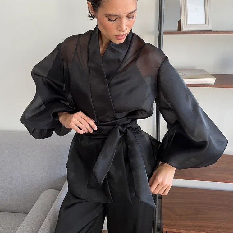 Spring French Black See through Shirt Women Puff Sleeve V neck Lace up Top - P's One-Stop Shop 