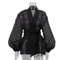Spring French Black See through Shirt Women Puff Sleeve V neck Lace up Top - P's One-Stop Shop 
