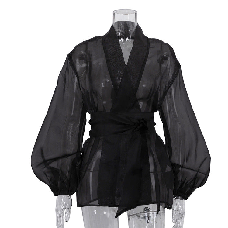 Spring French Black See through Shirt Women Puff Sleeve V neck Lace up Top - P's One-Stop Shop 