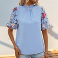 Summer Embroidered Floral Mesh Patchwork Puff Sleeve Shirt Half Turtleneck Shirt Women - P's One-Stop Shop 