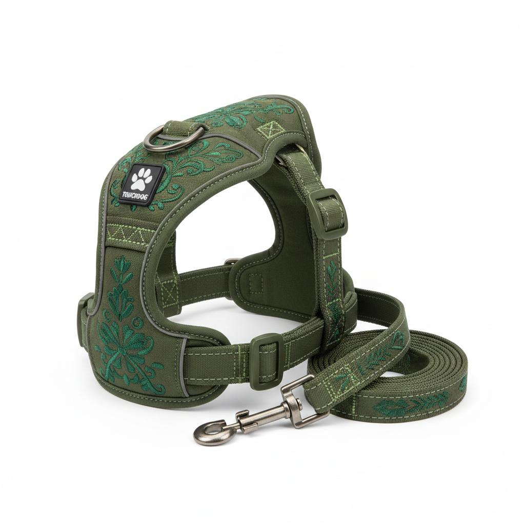 Touchdog Tough Stitched Durable Embroidered Leash and Harness - Green - P's One-Stop Shop 