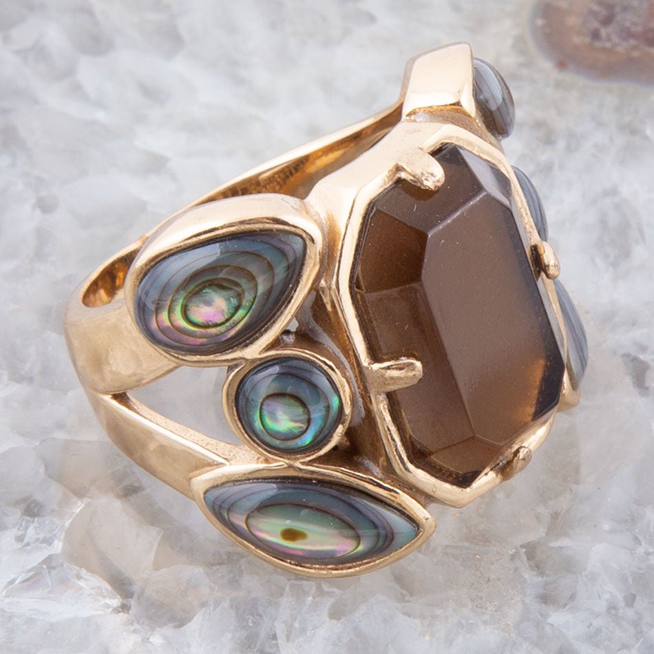 Tribecca Smoky Brown Quartz and Abalone Statement Golden Ring - P's One-Stop Shop 