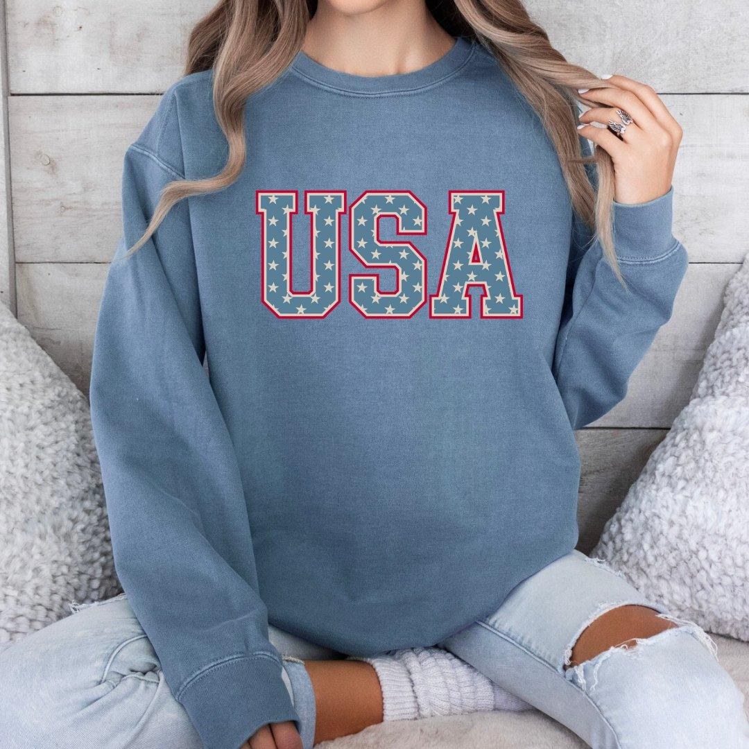 Unisex Adult USA Stars on Comfort Colors Crewneck Sweatshirt - P's One-Stop Shop 
