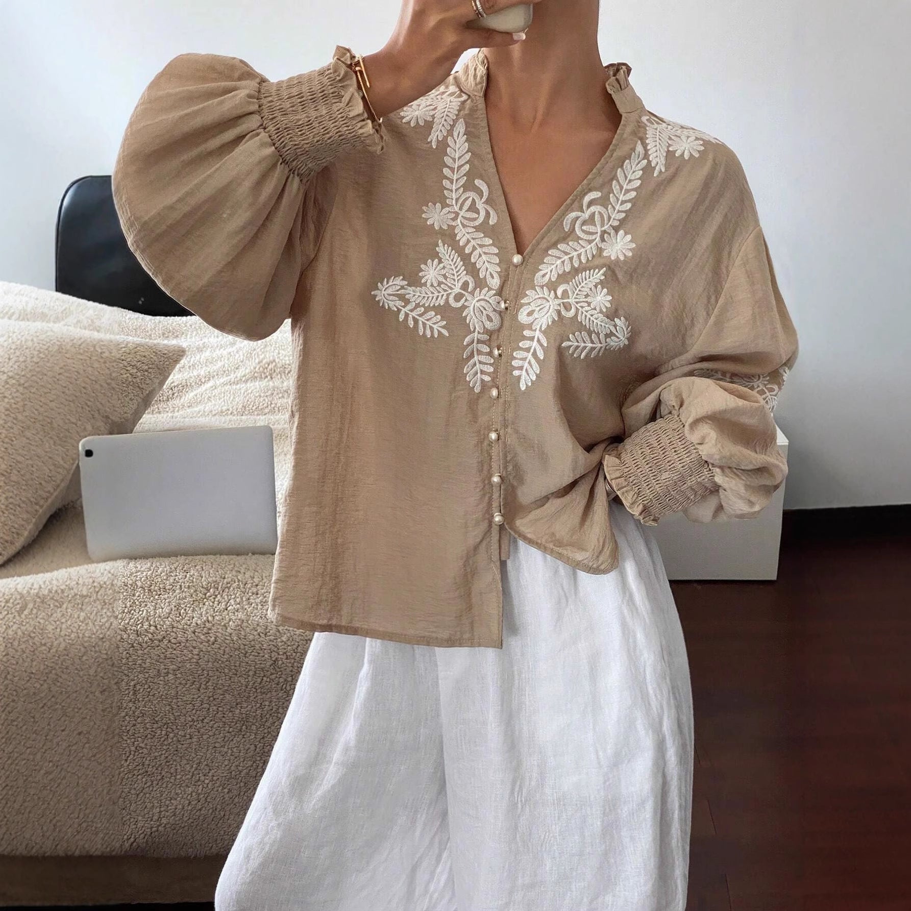 V neck Solid Color Machine Embroidery Pearl Single Breasted Lantern Long Sleeve Top - P's One-Stop Shop 