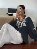 V neck Solid Color Machine Embroidery Pearl Single Breasted Lantern Long Sleeve Top - P's One-Stop Shop 