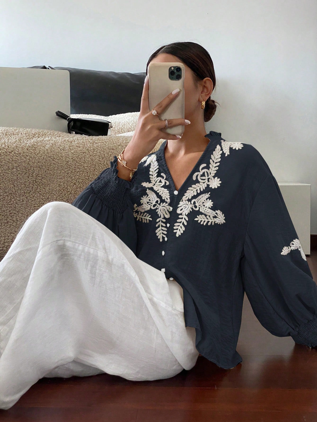V neck Solid Color Machine Embroidery Pearl Single Breasted Lantern Long Sleeve Top - P's One-Stop Shop 