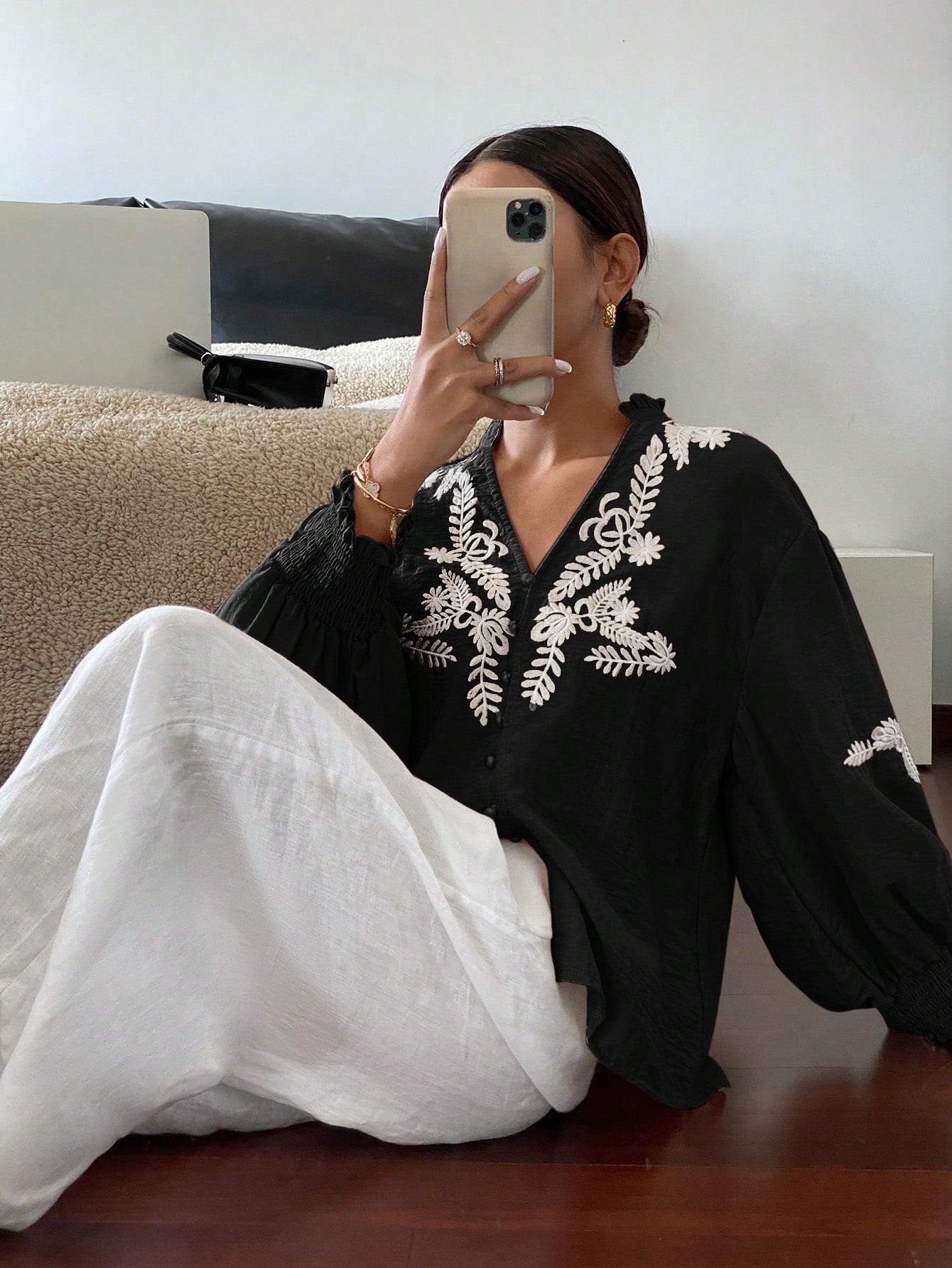 V neck Solid Color Machine Embroidery Pearl Single Breasted Lantern Long Sleeve Top - P's One-Stop Shop 