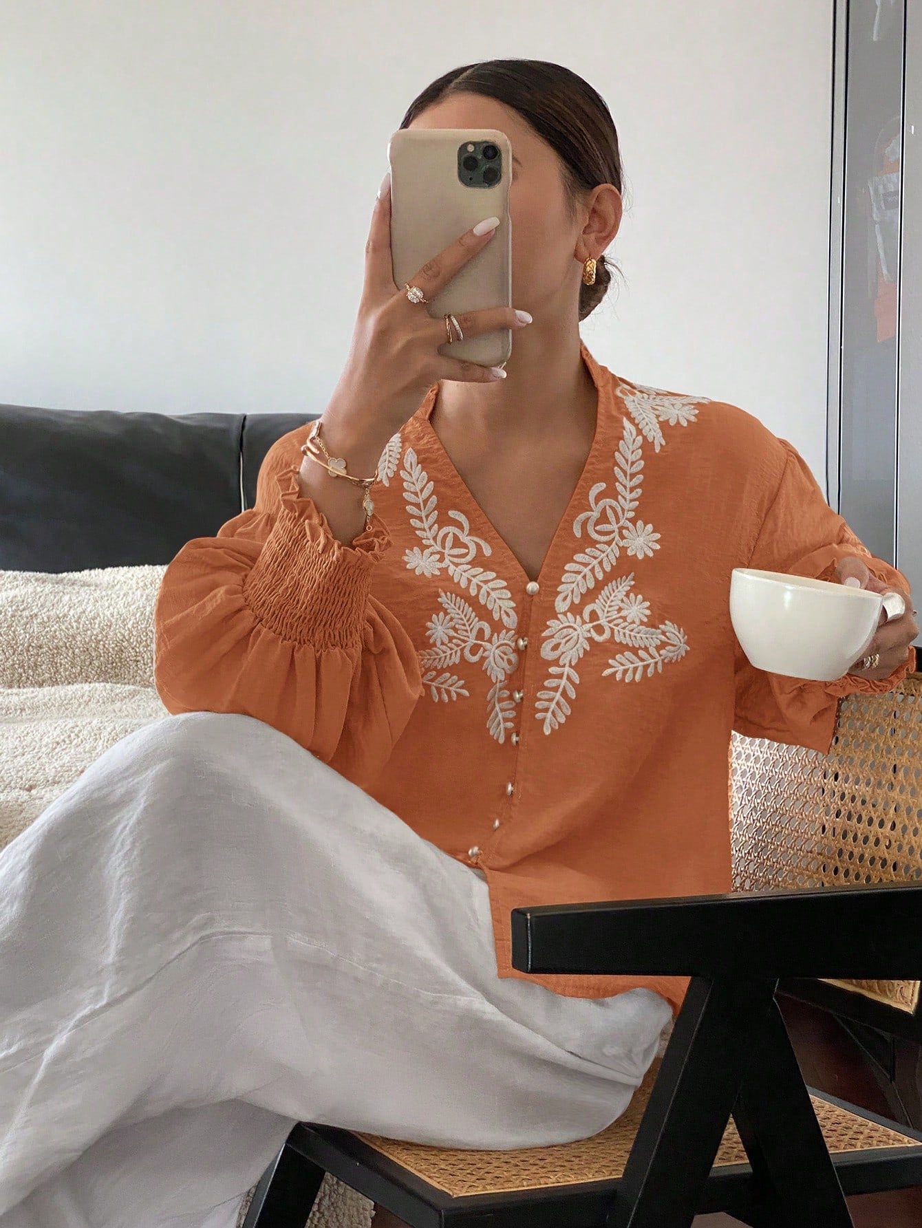 V neck Solid Color Machine Embroidery Pearl Single Breasted Lantern Long Sleeve Top - P's One-Stop Shop 