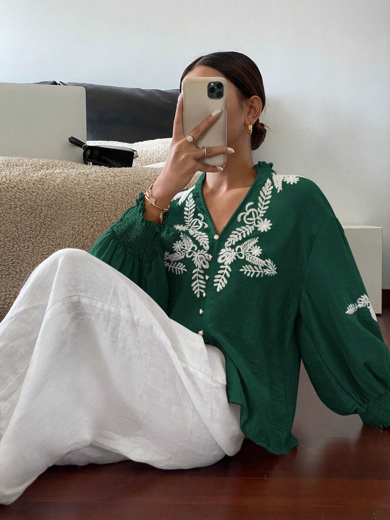 V neck Solid Color Machine Embroidery Pearl Single Breasted Lantern Long Sleeve Top - P's One-Stop Shop 
