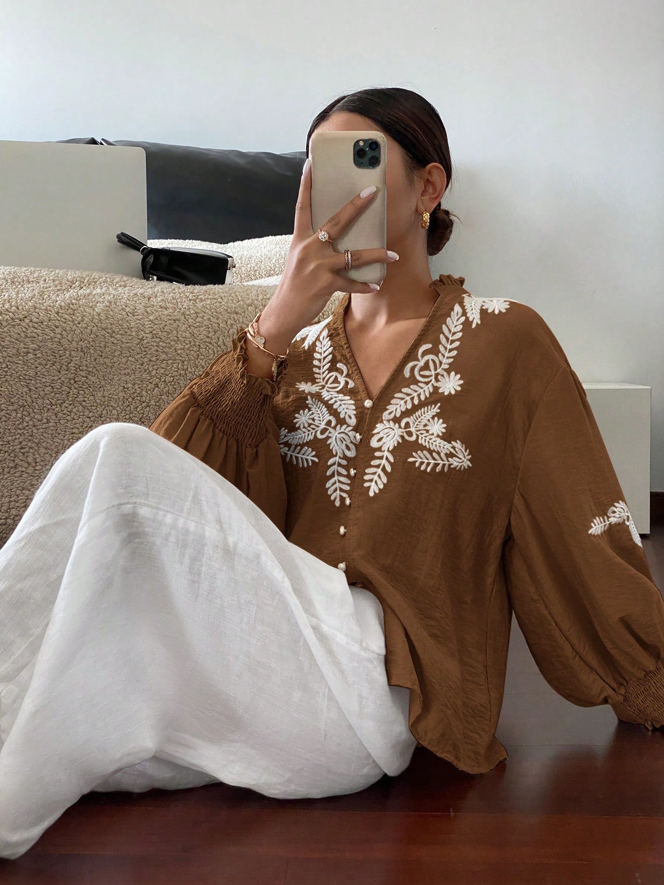 V neck Solid Color Machine Embroidery Pearl Single Breasted Lantern Long Sleeve Top - P's One-Stop Shop 