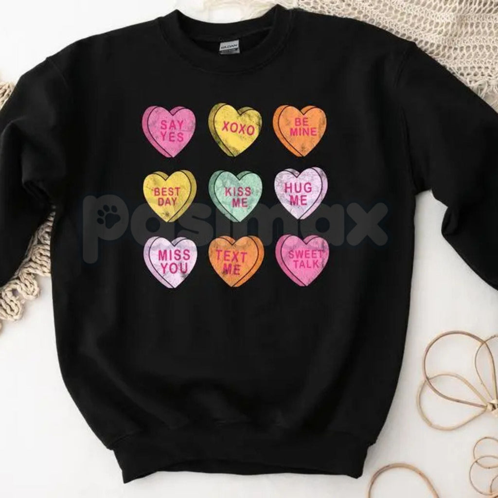 Valentine’s Day Conversation Hearts Sweatshirt | Cute Pastel Heart Shirt | Cozy Valentines Crewneck for Women | Romantic Gift for Her | Trendy Holiday Outfit - P's One-Stop Shop 
