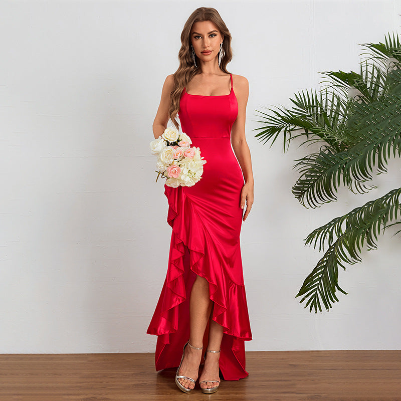 Women Autumn Slit Sexy Spaghetti Strap Ruffle Dress - P's One-Stop Shop 
