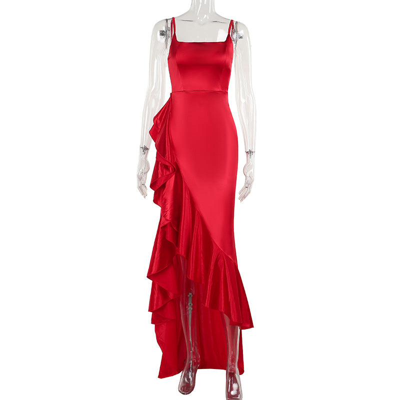 Women Autumn Slit Sexy Spaghetti Strap Ruffle Dress - P's One-Stop Shop 