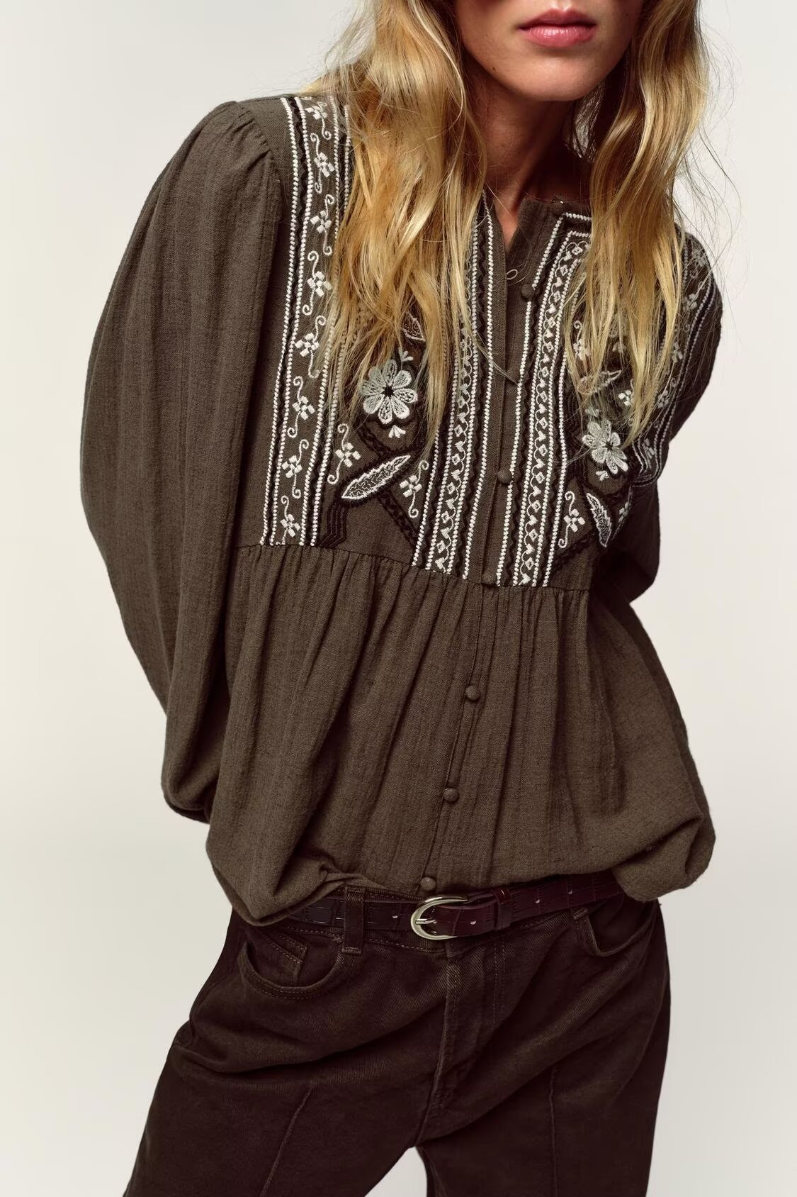 Women Clothing Autumn Artistic Ethnic Chest Embroidered round Neck Shirt - P's One-Stop Shop 