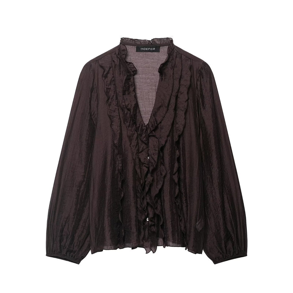 Women Clothing Autumn Laminated Decoration Long Sleeve Shirt - P's One-Stop Shop 
