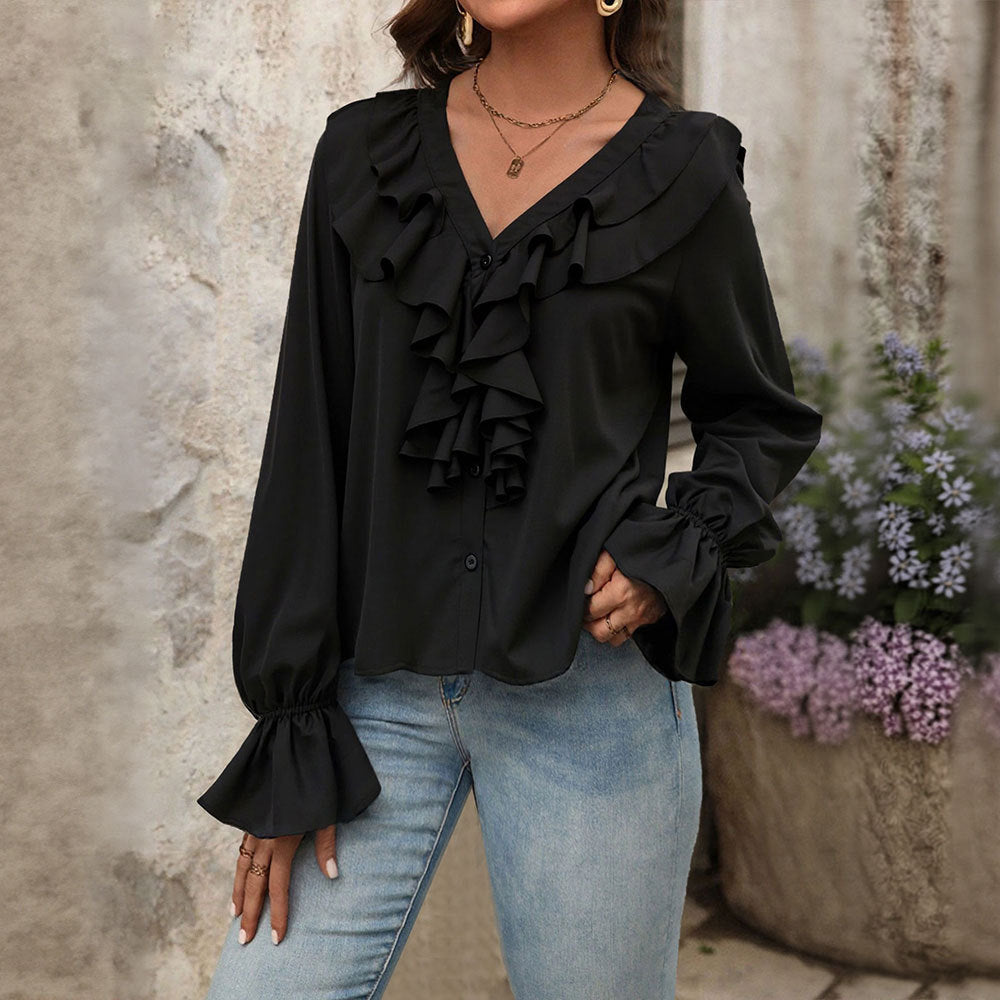 Women Clothing Autumn V neck Ruffled Elegant Shirt for Women - P's One-Stop Shop 