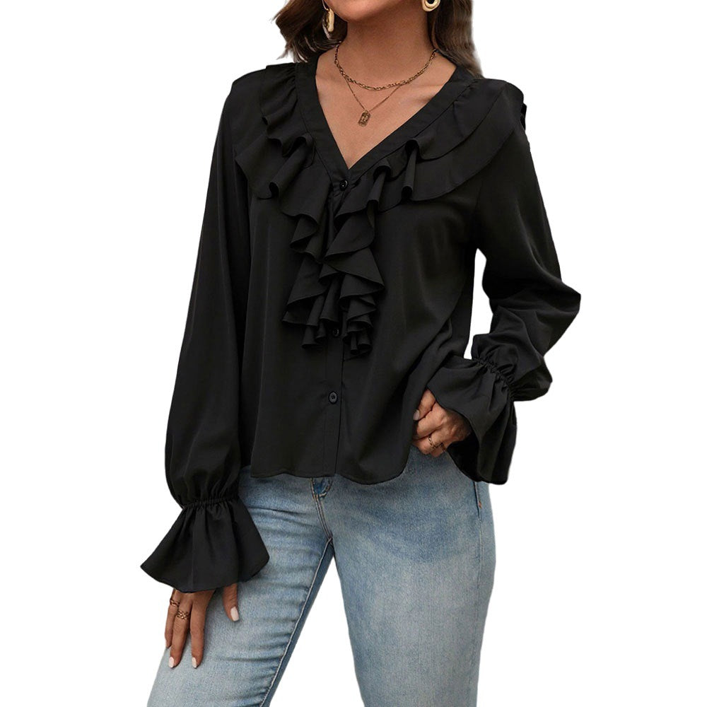 Women Clothing Autumn V neck Ruffled Elegant Shirt for Women - P's One-Stop Shop 