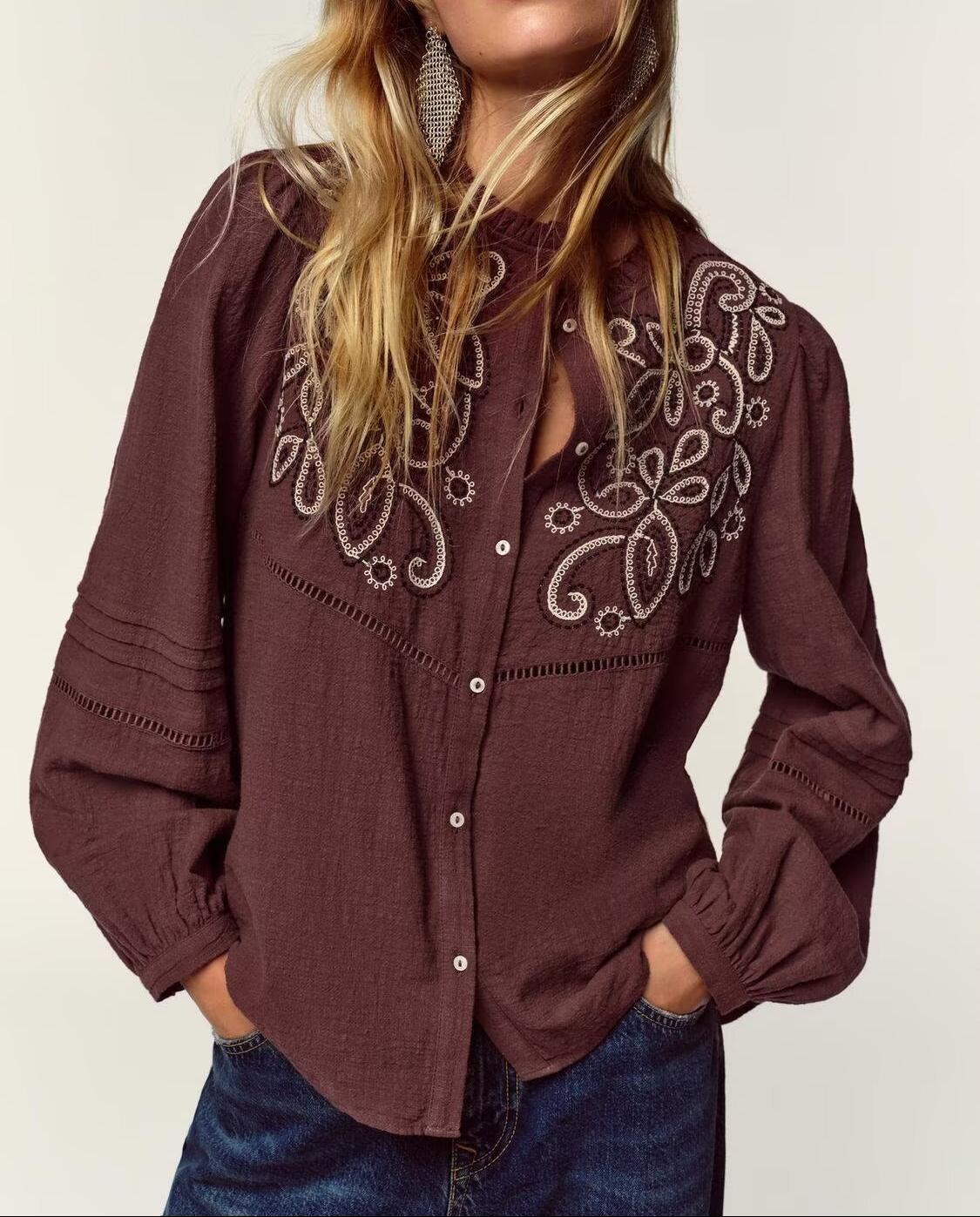 Women Clothing Casual Chest Embroidered Shirt - P's One-Stop Shop 