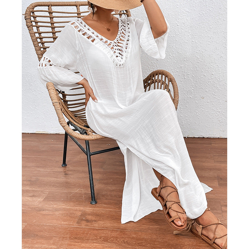 Women Clothing Hand Crocheting Stitching Colorful Ball Sexy Hollow Out Cutout out Backless Loose Beach Long Overskirt - P's One-Stop Shop 