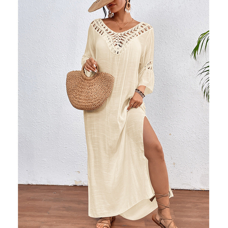 Women Clothing Hand Crocheting Stitching Colorful Ball Sexy Hollow Out Cutout out Backless Loose Beach Long Overskirt - P's One-Stop Shop 