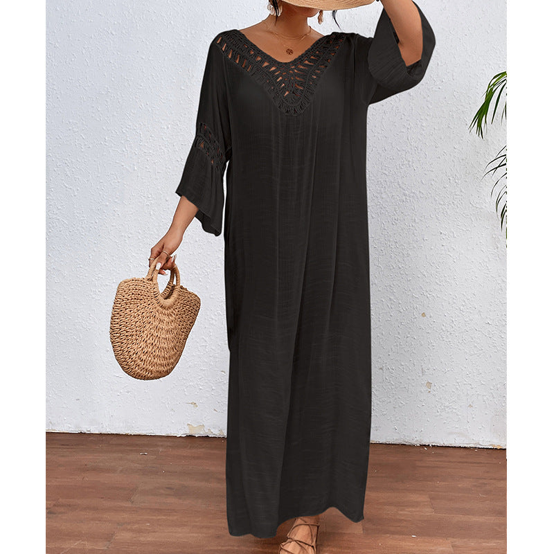 Women Clothing Hand Crocheting Stitching Colorful Ball Sexy Hollow Out Cutout out Backless Loose Beach Long Overskirt - P's One-Stop Shop 