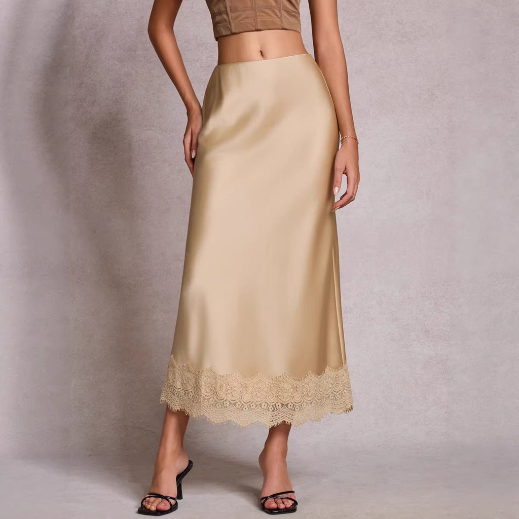 Women Clothing Lace Satin Skirt High Waist Elastic Elegant Sheath Skirt - P's One-Stop Shop 