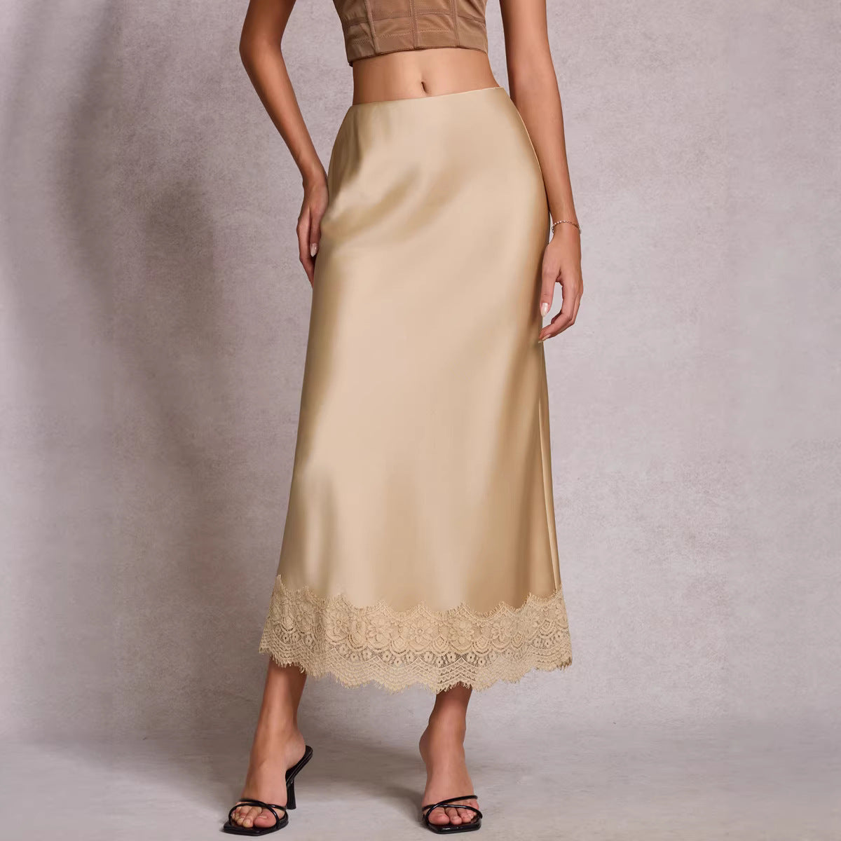 Women Clothing Lace Satin Skirt High Waist Elastic Elegant Sheath Skirt - P's One-Stop Shop 