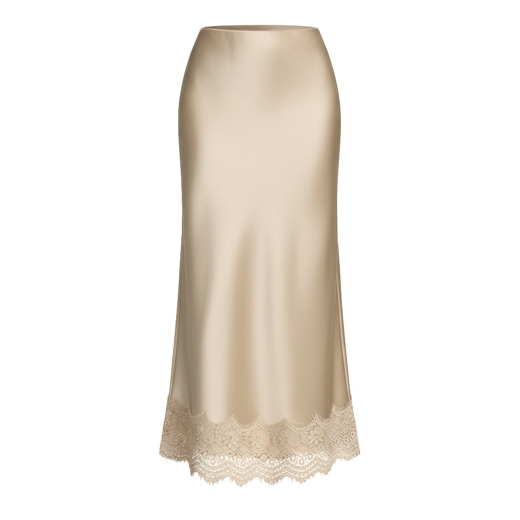 Women Clothing Lace Satin Skirt High Waist Elastic Elegant Sheath Skirt - P's One-Stop Shop 