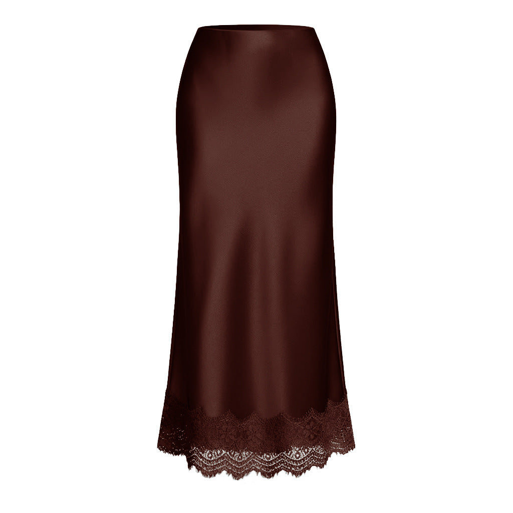 Women Clothing Lace Satin Skirt High Waist Elastic Elegant Sheath Skirt - P's One-Stop Shop 
