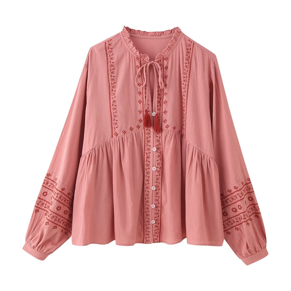 Women Clothing Long Sleeve Contrast Color Embroidered Shirt - P's One-Stop Shop 