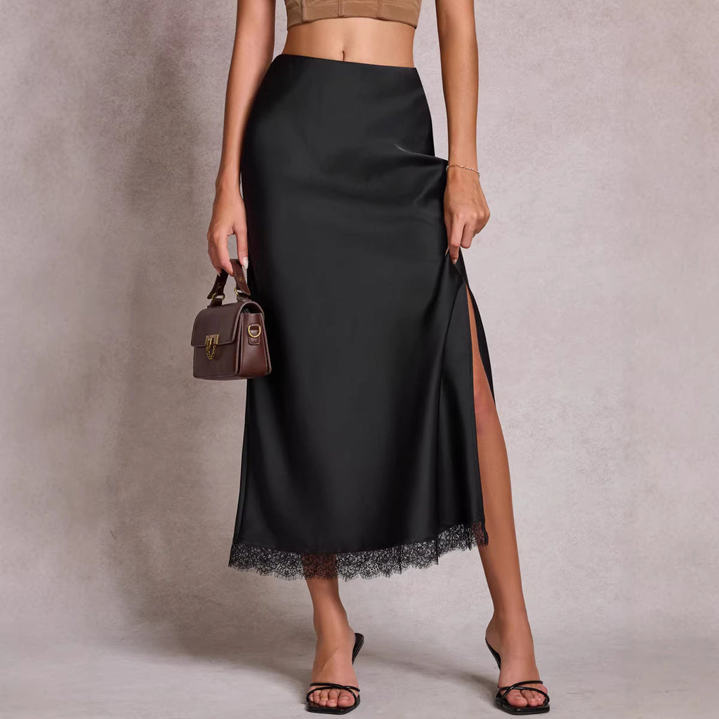 Women Clothing Satin Skirt Lace Split High Waist Elastic Sexy Sheath Skirt - P's One-Stop Shop 