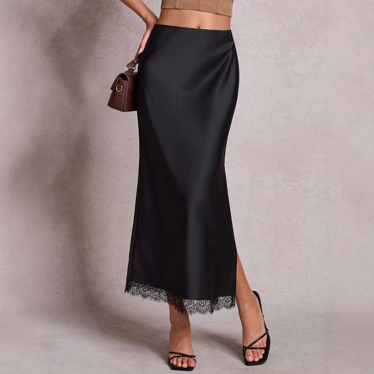 Women Clothing Satin Skirt Lace Split High Waist Elastic Sexy Sheath Skirt - P's One-Stop Shop 