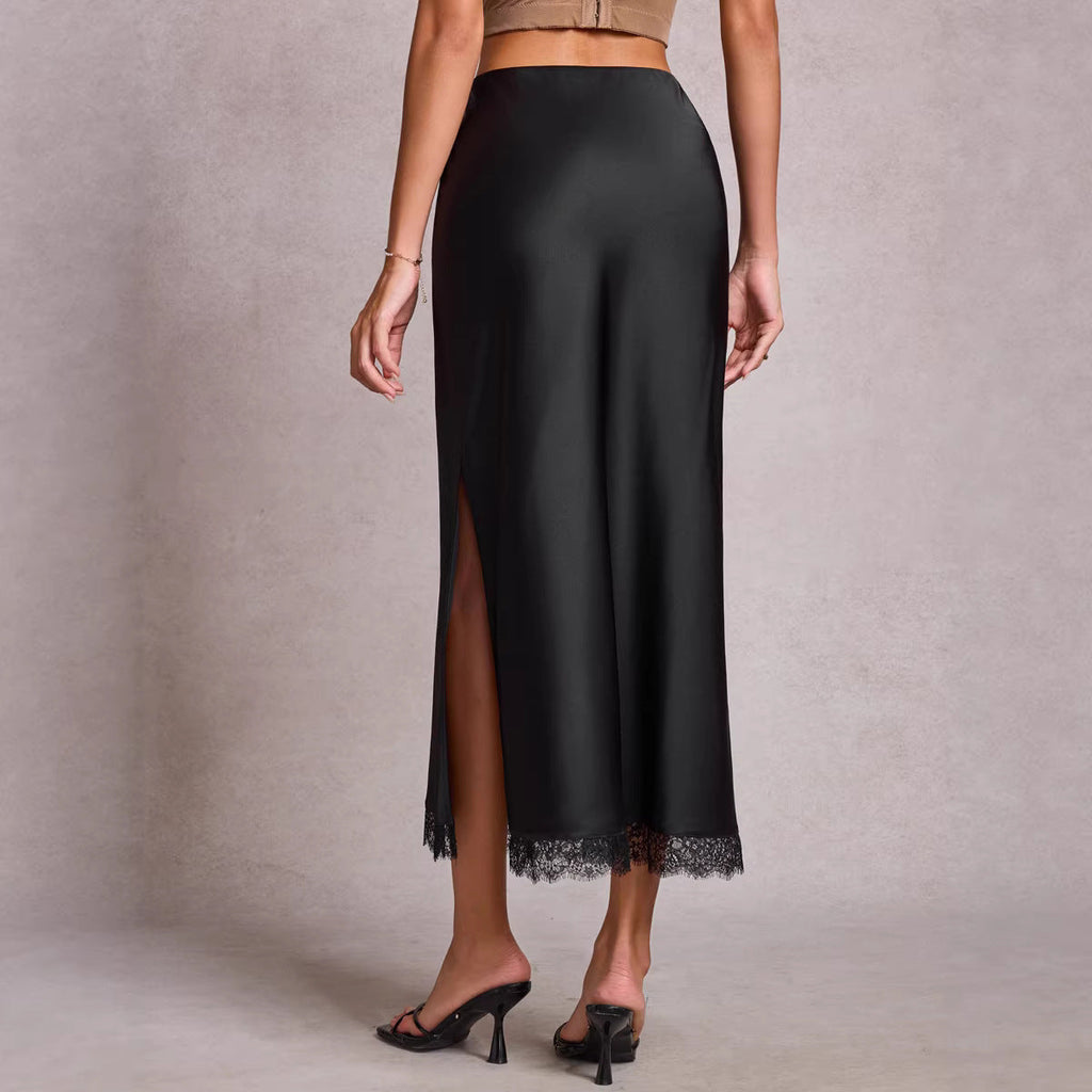 Women Clothing Satin Skirt Lace Split High Waist Elastic Sexy Sheath Skirt - P's One-Stop Shop 