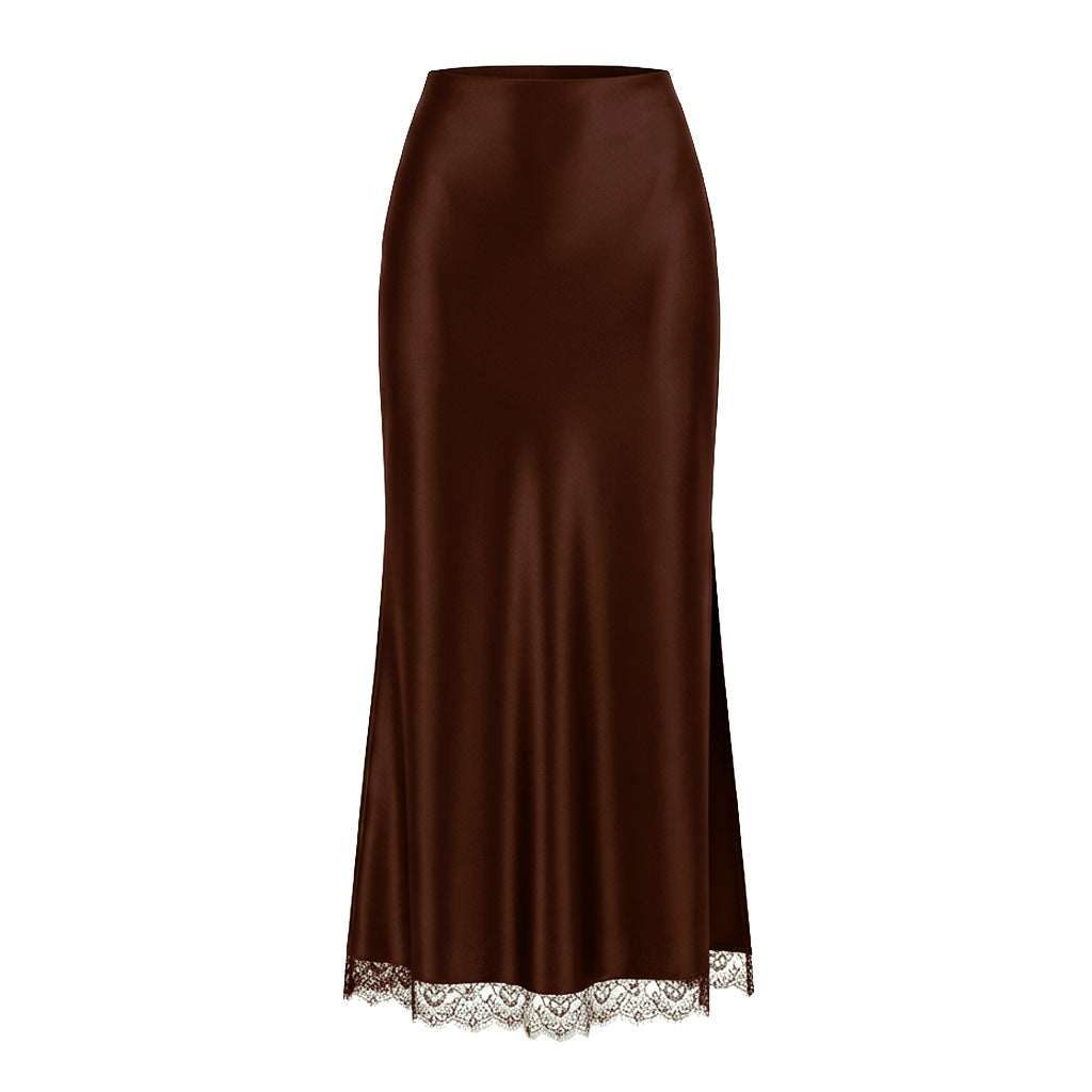 Women Clothing Satin Skirt Lace Split High Waist Elastic Sexy Sheath Skirt - P's One-Stop Shop 