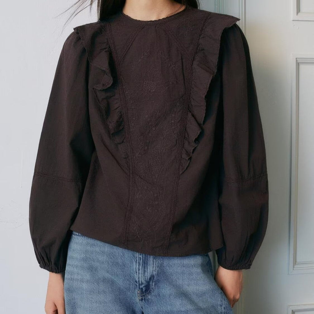 Women Clothing Solid Color Floral Embroidered Shirt - P's One-Stop Shop 