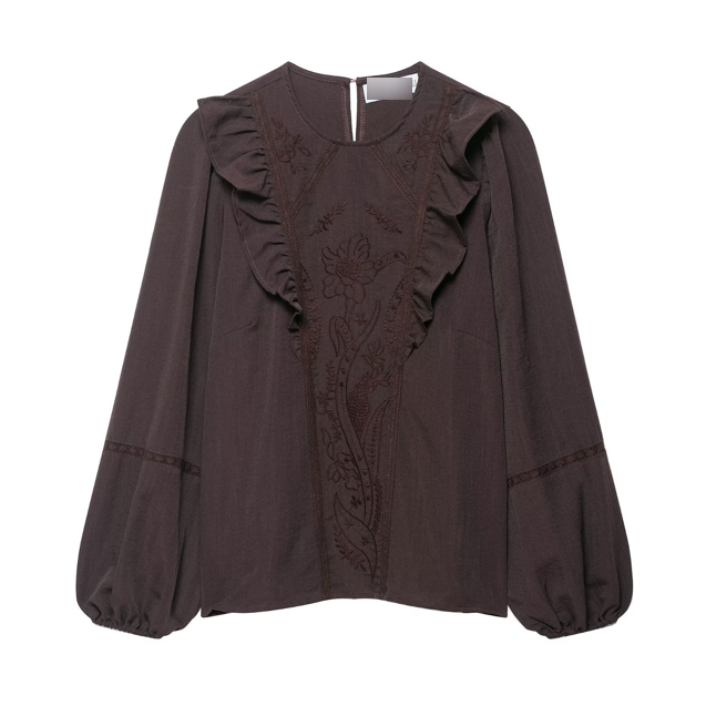 Women Clothing Solid Color Floral Embroidered Shirt - P's One-Stop Shop 