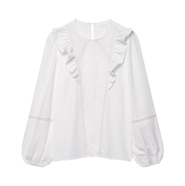 Women Clothing Solid Color Floral Embroidered Shirt - P's One-Stop Shop 