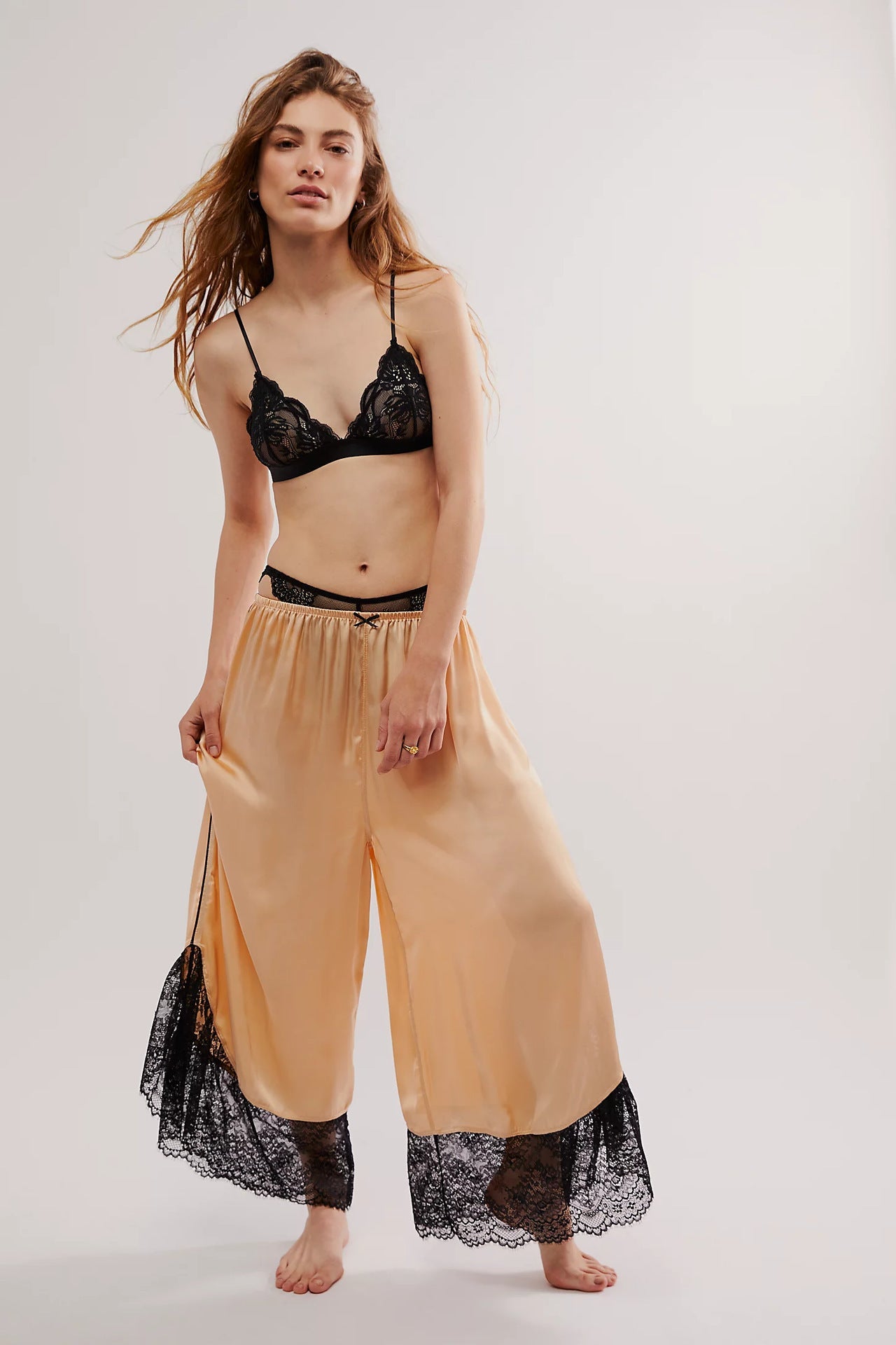 Women Lace Satin Stitching Loose Wide Leg Casual Trousers Office - P's One-Stop Shop 