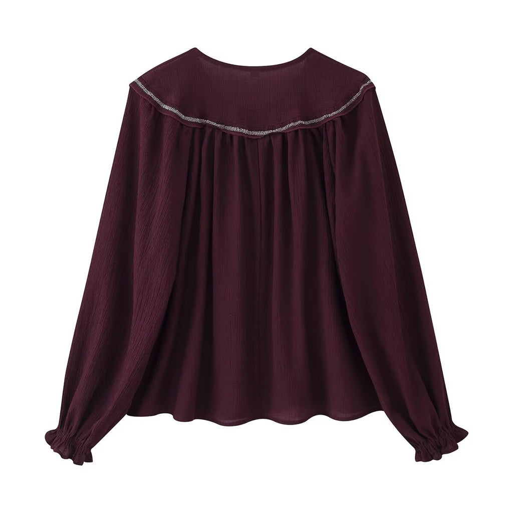Women Long Sleeve Casual Beaded Embroidered Shirt - P's One-Stop Shop 