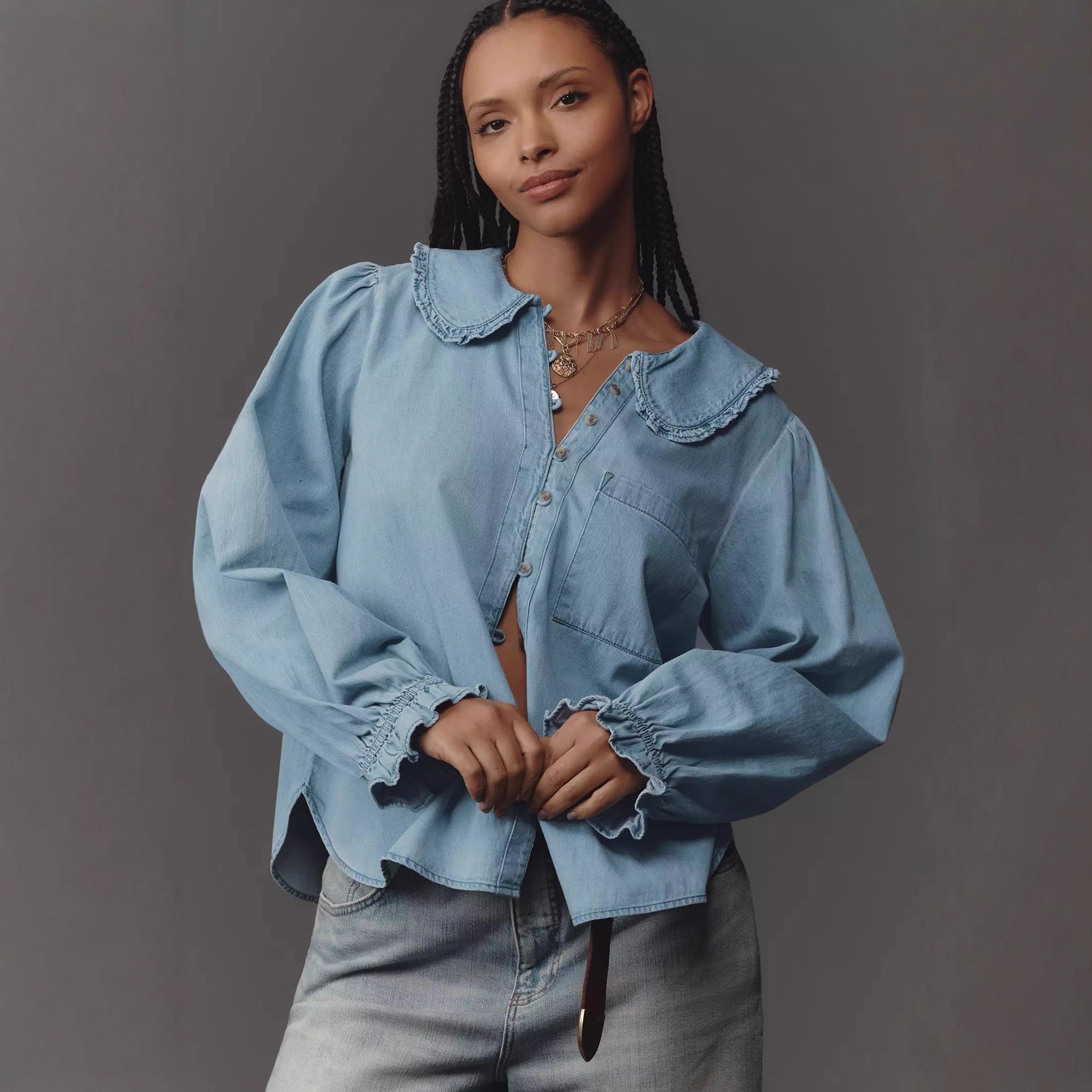 Women Spring Autumn Casual Retro Lightweight Denim Long Sleeved Shirt - P's One-Stop Shop 