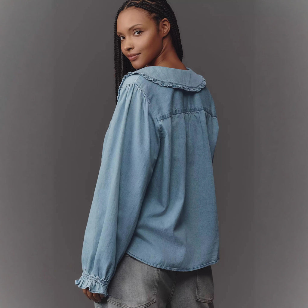 Women Spring Autumn Casual Retro Lightweight Denim Long Sleeved Shirt - P's One-Stop Shop 