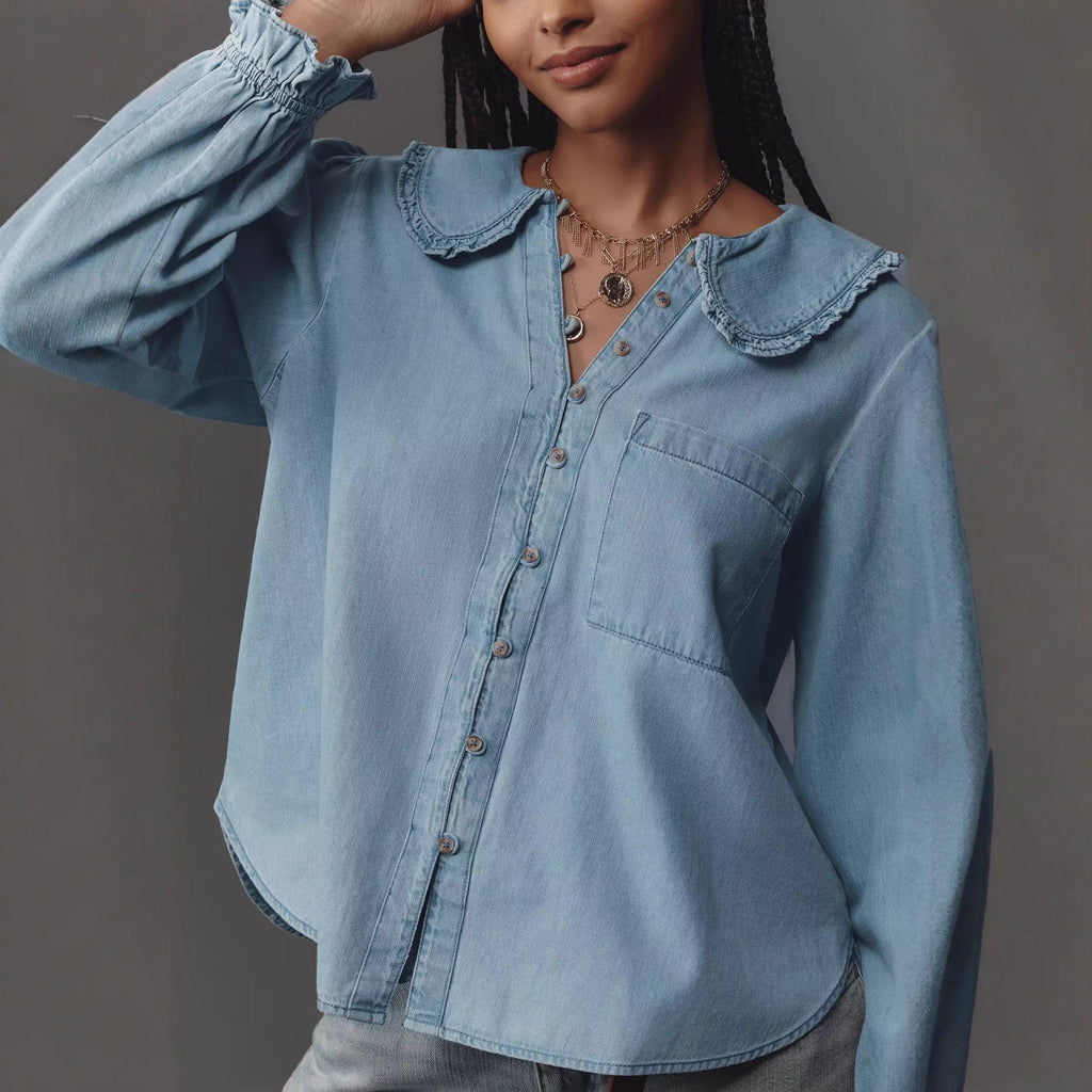 Women Spring Autumn Casual Retro Lightweight Denim Long Sleeved Shirt - P's One-Stop Shop 