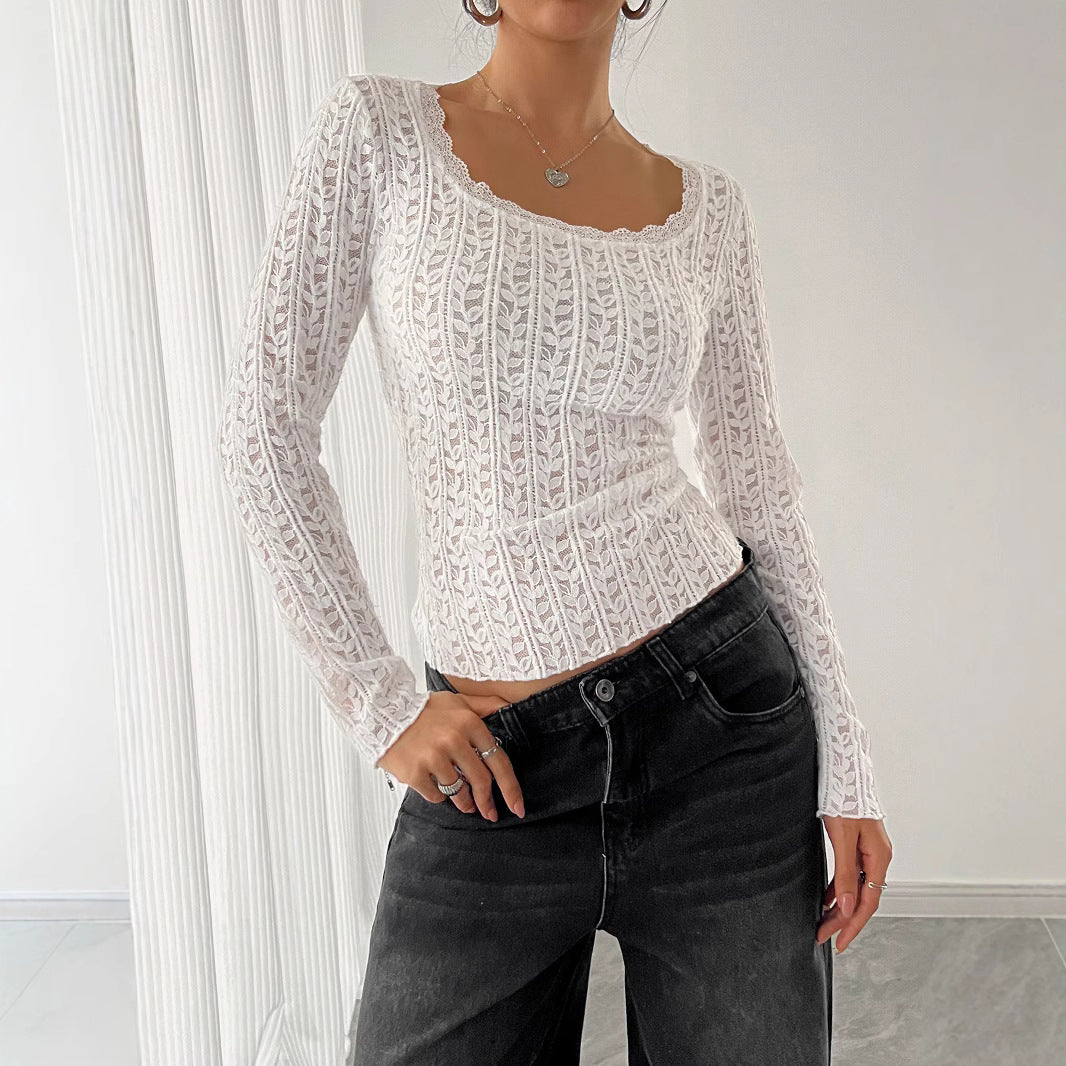 Women Spring Women U Neck Long Sleeved Lace Lace Lace Slim Top - P's One-Stop Shop 