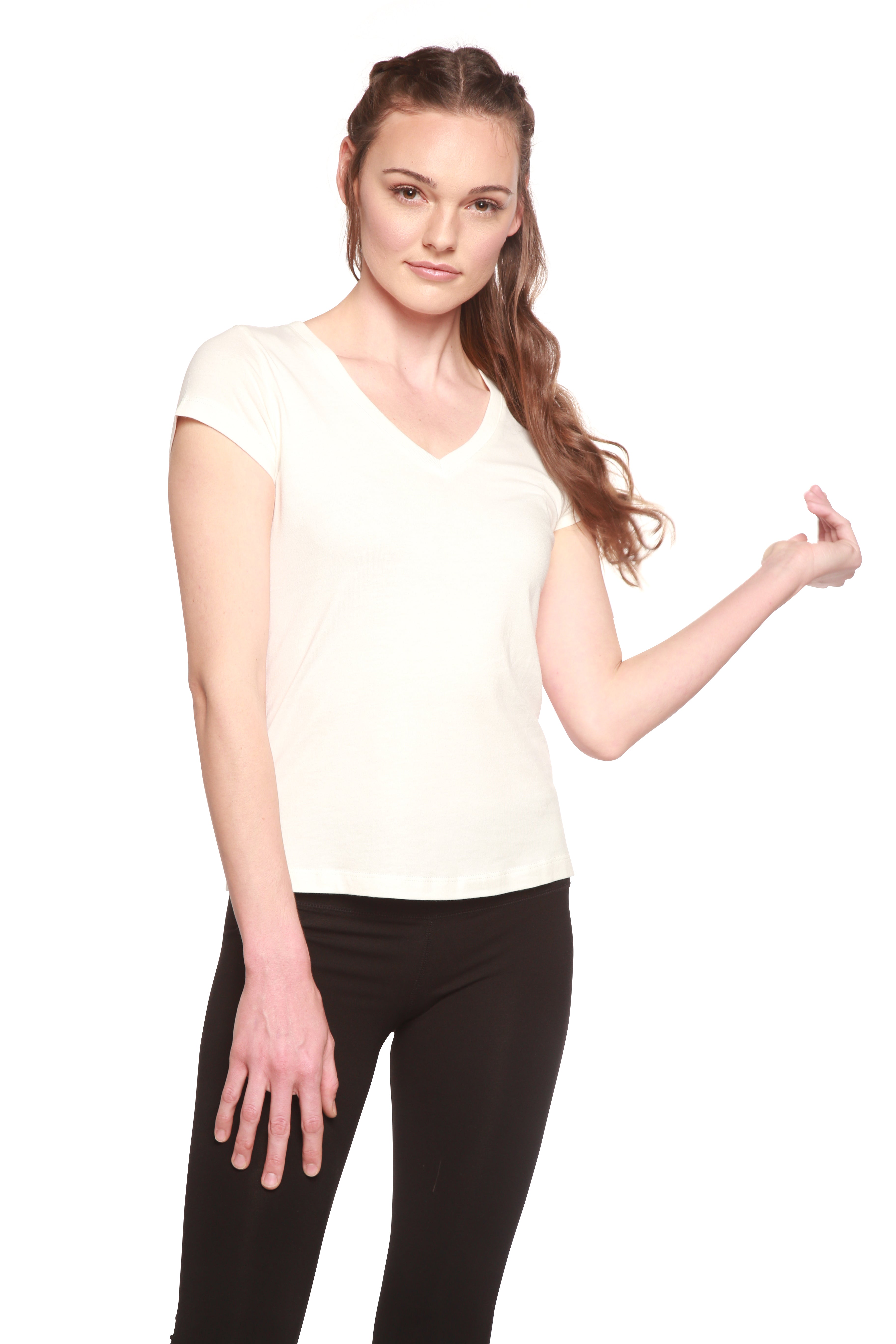 Women's Bamboo Viscose/Cotton V-Neck Cap Sleeve T-Shirt - P's One-Stop Shop 
