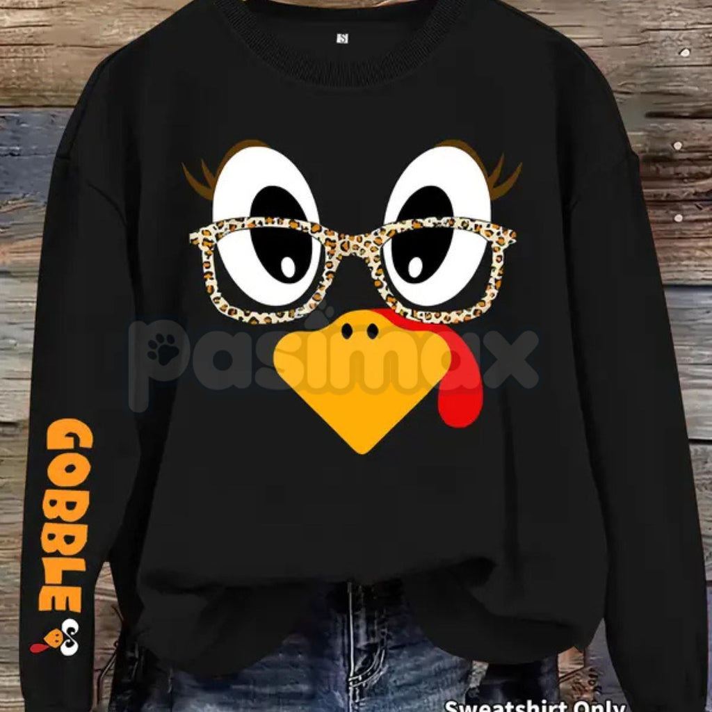 Women's Casual Thanksgiving Turkey Print Pullover Sweater – Cozy Holiday Crewneck - P's One-Stop Shop 
