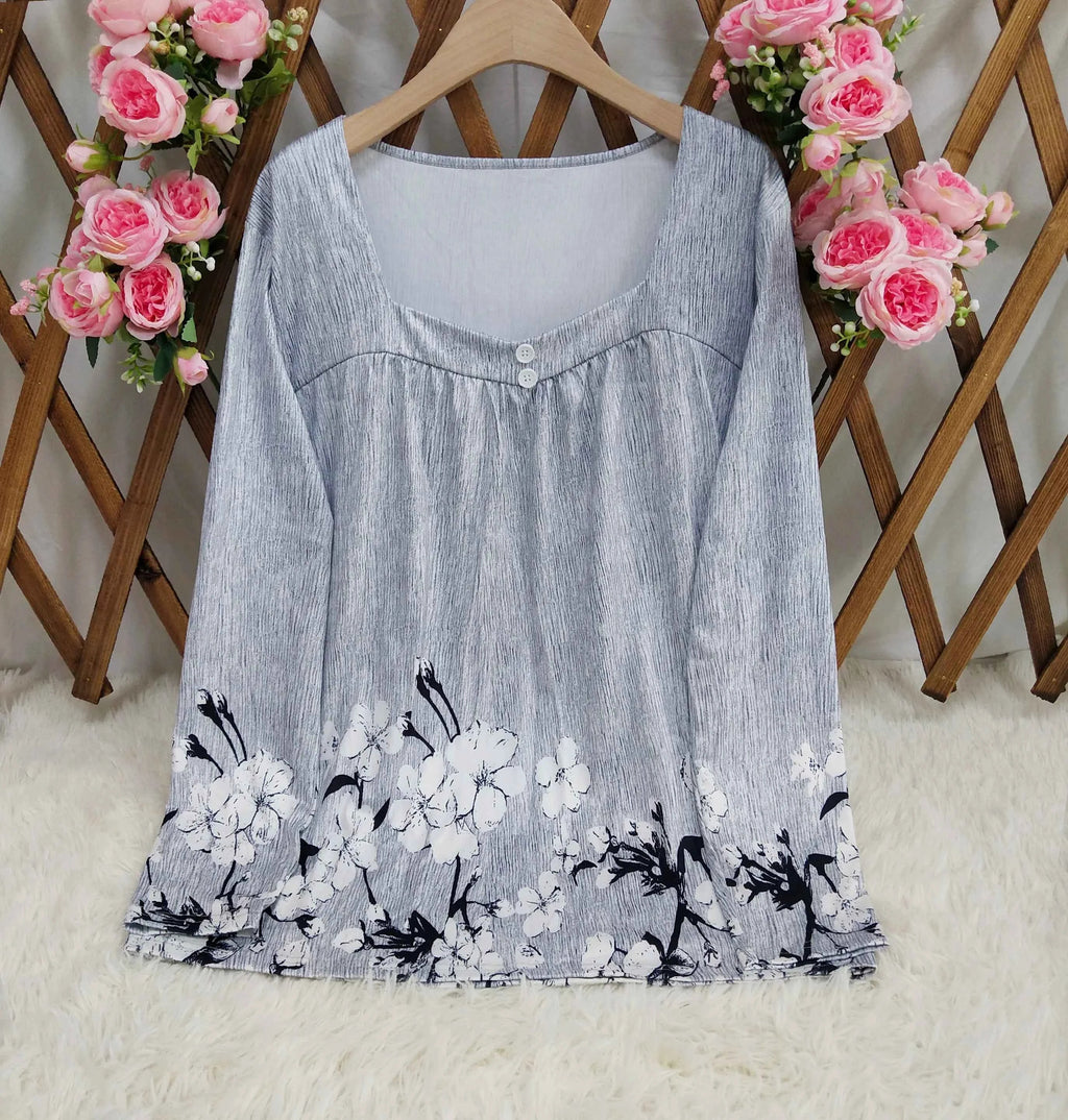 Women's Square Neck Printed Long Sleeve Top - P's One-Stop Shop 
